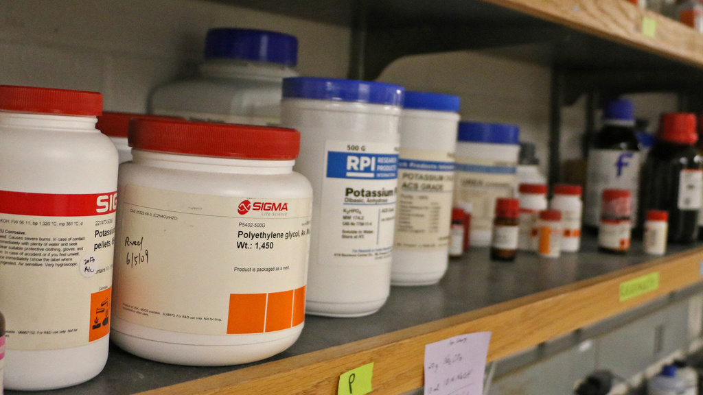 Image of a row of chemicals on a shelf
