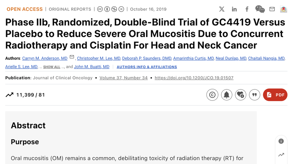 Screenshot Phase II Oral Mucositis article heading